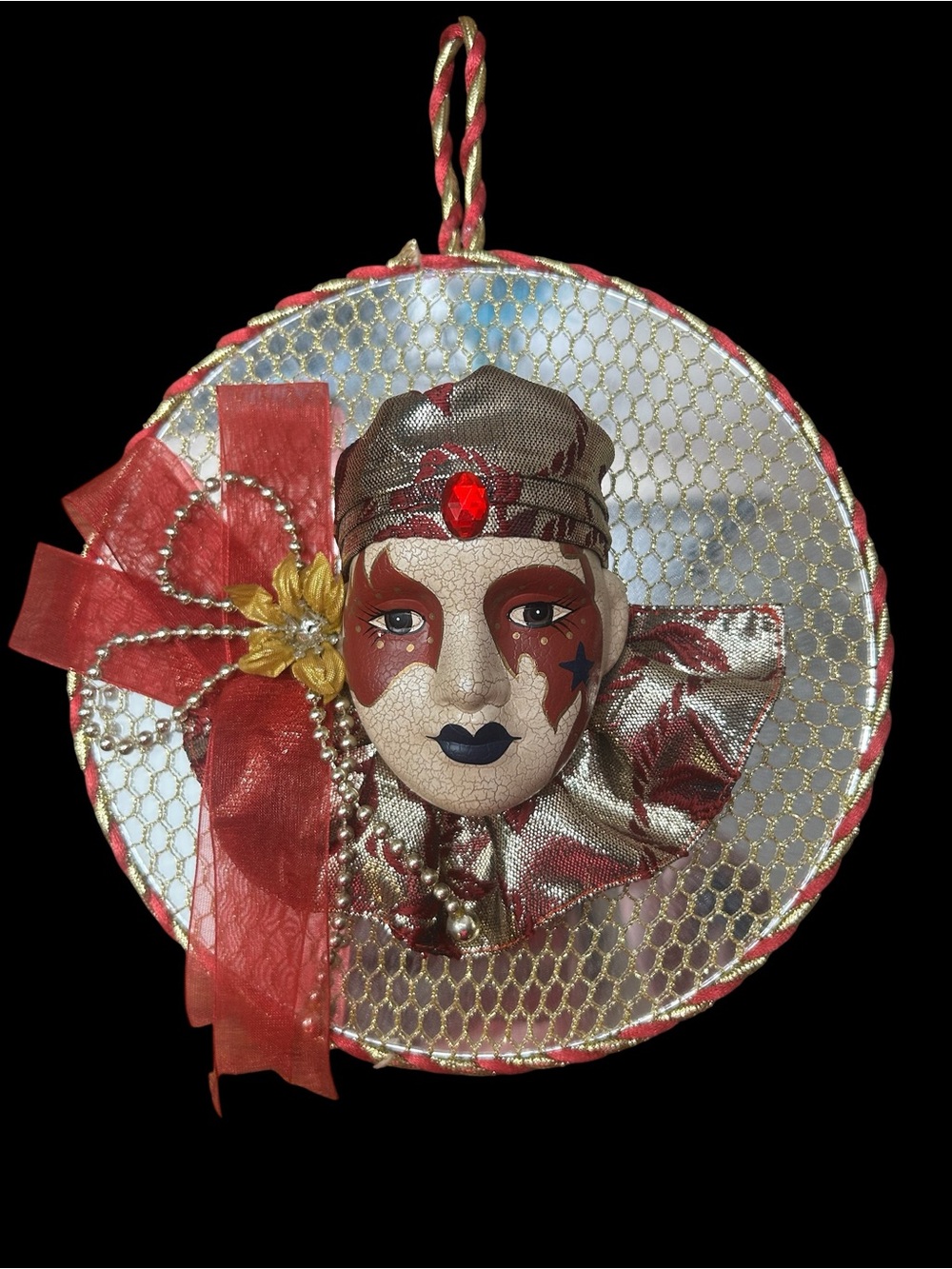 Vintage Venetian Harlequin Wall Ornament/decal with Mirror & Gold Netting